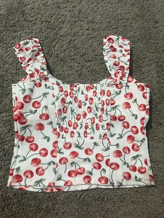 Derek Heart White Crop Top with Red Cherry Print - Picture 3 of 4